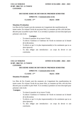 Première page de Français 5e — 2e devoir surveillé, 1er semestre (2022-2023) · CEG LE NOKOUE