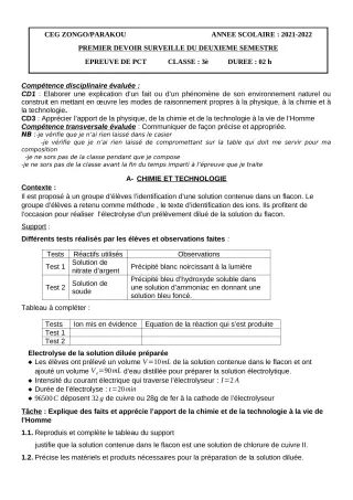 Première page de PCT 3e — 1er devoir surveillé, 2e semestre (2021-2022) · CEG ZONGO