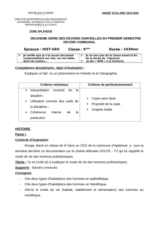Première page de Histoire-Géographie 6e, 5e, 4e, 4e ML, 4e ML&MC, 3e, 3e ML, 2nde A, 2nde A2, 2nde B, 2nde C, 2nde D, 1ère A, 1ère A1, 1ère A2, 1ère B, 1ère C, 1ère D, Tle A1, Tle A2, Tle B, Tle C, Tle D — 2e devoir s