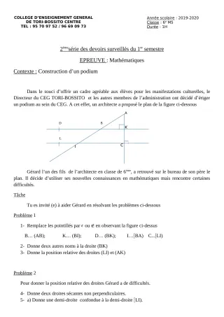 Première page de Mathématiques 6e, 5e, 4e, 4e ML, 3e, 3e ML — Devoir surveillé, 1er semestre (2019-2020) · CEG Tori-Bossito Centre