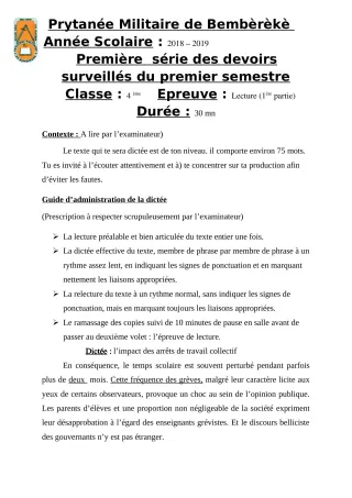 Première page de Français 4e — 1er devoir surveillé, 1er semestre (2019-2020) · PMB