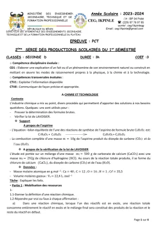 Première page de PCT 2nde D — 2e production scolaire, 1er semestre (2023-2024) · CEG1 Ikpinlè
