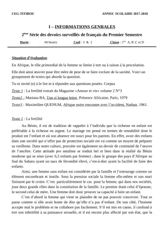 Première page de Français 6e, 2nde A — 2e devoir surveillé, 1er semestre (2018-2019) · CEG Titirou