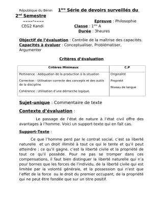 Première page de Philosophie 1ère A2 — 1er devoir surveillé, 2e semestre (2018-2019) · CEG 2 KANDI