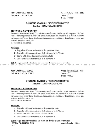 Première page de Français 6e, 5e, 4e, 3e, 3e ML, 2nde B, 2nde D — 2e devoir surveillé, 3e trimestre (2020-2021) · CEPG La Prunelle de Dieu