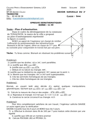 Première page de Mathématiques 5e — Devoir surveillé, 1er trimestre (2019-2020) · CPEG LICA
