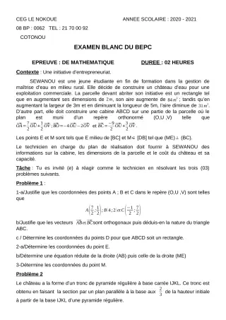 Première page de Examen Blanc de MATHS GENE — 3e, 3e ML — CEG LE NOKOUE (2020)