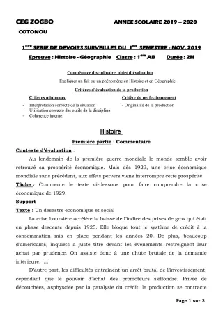 Première page de Histoire-Géographie 1ère A1, 1ère A2, 1ère B — 1er devoir surveillé, 1er semestre (2019-2020) · CEG ZOGBO