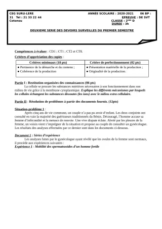 Première page de SVT 2nde D — 2e devoir surveillé, 1er semestre (2020-2021) · CEG SURU-LERE