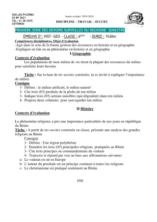 Première page de Histoire-Géographie 6e, 5e, 4e, 4e ML, 3e, 3e ML, 2nde A & B, 2nde C, 2nde D, 1ère A2, 1ère B, 1ère C, 1ère D, Tle A2, Tle B, Tle C, Tle D — 1er devoir surveillé, 2e semestre (2018-2019) · CEG Les Pyl