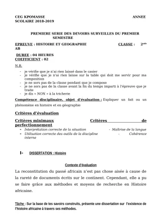 Première page de Histoire-Géographie 2nde A, 2nde B — 1er devoir surveillé, 1er semestre (2018-2019) · CEG Kpomassè