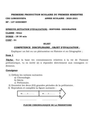 Première page de Histoire-Géographie 6e — 1re production scolaire, 1er semestre (2020-2021) · CEG Lobozounkpa