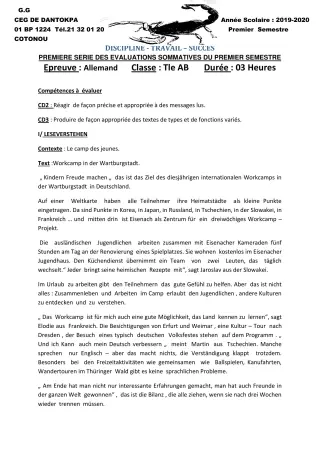Première page de Allemand 4e ML, Tle A1, Tle A2, Tle B — 1re évaluation sommative, 1er semestre (2019-2020) · CEG Dantokpa