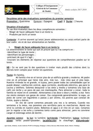 Première page de Espagnol 4e ML — 2e évaluation sommative, 1er semestre (2017-2018) · CEG C.P de Dompago
