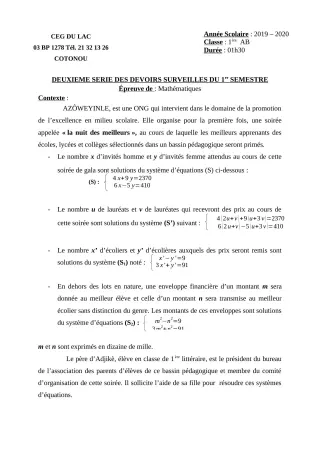Première page de Mathématiques 1ère A2, 1ère B — 2e devoir surveillé, 1er semestre (2019-2020) · CEG du Lac