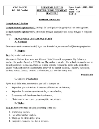 Première page de Anglais 6e — 2e devoir surveillé, 2e semestre (2018-2019) · CEG PAHOU