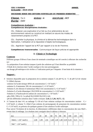 Première page de PCT Tle D — 2e devoir surveillé, 1er semestre (2019-2020) · CEG3 OUIDAH
