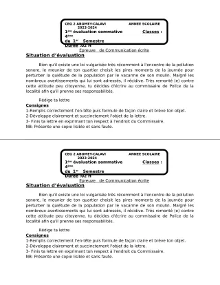 Première page de Français 4e ML — 1re évaluation sommative, 1er semestre (2023-2024) · CEG2 ABOMEY - CALAVI (CEG ZOCA)
