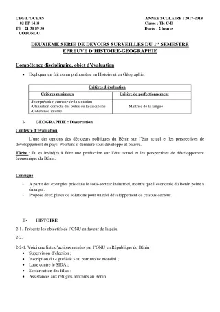 Première page de Histoire-Géographie Tle C, Tle D — 2e devoir surveillé, 1er semestre (2017-2018) · CEG l'Océan