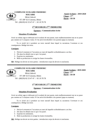 Première page de Français 6e, 5e, 4e — 1er devoir surveillé, 2e trimestre (2019-2020) · CPEG Frédéric Macaire