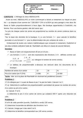 Première page de Mathématiques 2nde A & B — Devoir surveillé, 2e semestre (2022-2023) · CEG2 ABOMEY - CALAVI (CEG ZOCA)