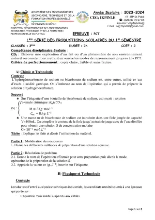 Première page de PCT 3e — 1re production scolaire, 1er semestre (2023-2024) · CEG1 Ikpinlè