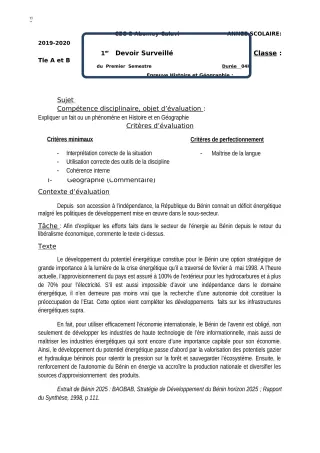 Première page de Histoire-Géographie Tle A1, Tle A2, Tle B — 1er devoir surveillé, 1er semestre (2018-2019) · CEG2 ABOMEY - CALAVI (CEG ZOCA)