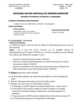 Première page de Histoire-Géographie 1ère C, 1ère D — 2e devoir surveillé, 1er semestre (2020-2021) · CEG Kouhounou-Vêdoko