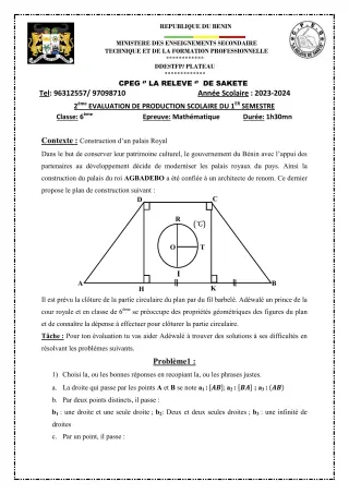 Première page de Mathématiques 6e — 2e production scolaire, 1er semestre (2023-2024) · CPEG LA RELEVE