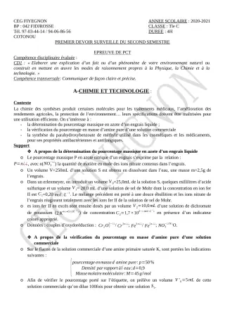 Première page de PCT Tle C — 1er devoir surveillé, 2e semestre (2020-2021) · CEG FIYEGNON