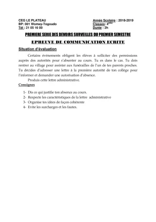Première page de Français 4e ML — 1er devoir surveillé, 1er semestre (2018-2019) · CEG Le Plateau