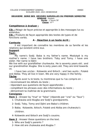 Première page de Anglais 6e, 5e, 4e, 4e ML, 3e, 3e ML, 2nde A & B, 2nde D, 1ère A & B, 1ère D, Tle A & B, Tle D — 2e devoir surveillé, 1er semestre (2020-2021) · CEG SEGBOHOUE