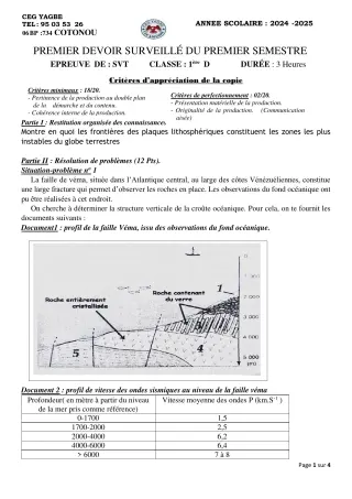 Première page de SVT 1ère D — 1er devoir surveillé, 1er semestre (2024-2025) · CEG Yagbe