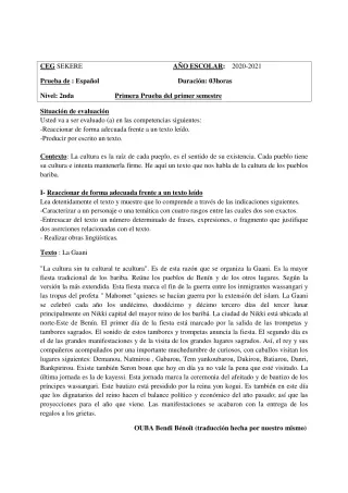 Première page de Espagnol 2nde A2 — 2020-2021 · CEG SEKERE