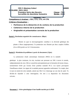 Première page de SVT Tle C — 1er devoir surveillé, 2e semestre (2021-2022) · CEG2 ABOMEY - CALAVI (CEG ZOCA)