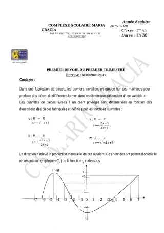 Première page de Mathématiques 2nde A, 2nde B — 1er devoir surveillé, 1er trimestre (2019-2020) · CPEG MARIA GRACIA