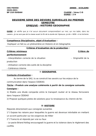 Première page de Histoire-Géographie 1ère C, 1ère D — 2e devoir surveillé, 1er semestre (2020-2021) · CEG PAHOU