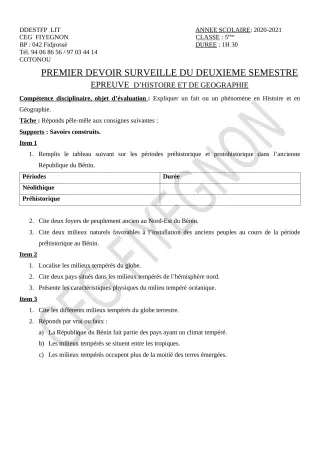 Première page de Histoire-Géographie 5e — 1er devoir surveillé, 2e semestre (2020-2021) · CEG FIYEGNON