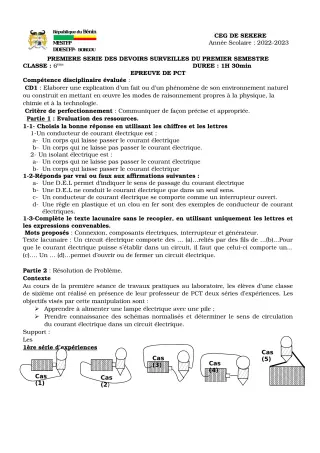 Première page de PCT 6e — 1er devoir surveillé, 1er semestre (2022-2023) · CEG SEKERE