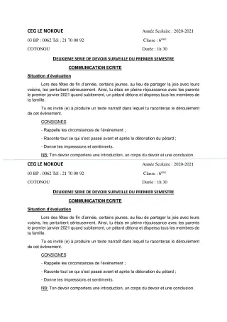 Première page de Français 6e — 2e devoir surveillé, 1er semestre (2020-2021) · CEG LE NOKOUE