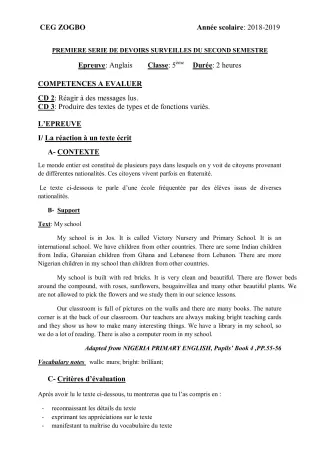 Première page de Anglais 5e — 1er devoir surveillé, 2e semestre (2018-2019) · CEG ZOGBO