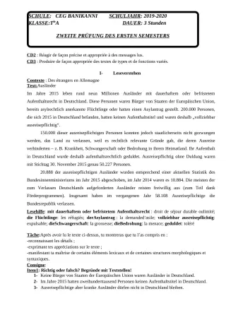 Première page de Devoir surveillé de ALLEMAND — 3e ML, 2nde A2, 2nde B, 1ère A2, 1ère B, Tle A1, Tle A2, Tle B — CEG Banikanni (2019)
