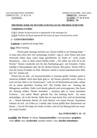 Première page de Allemand 3e — 1er devoir surveillé, 1er semestre (2021-2022) · CEG Kouhounou-Vêdoko