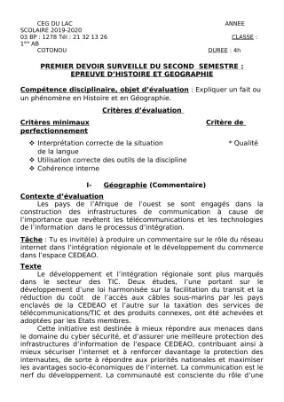 Première page de Histoire-Géographie 1ère A2, 1ère B — 1er devoir surveillé, 2e semestre (2019-2020) · CEG du Lac