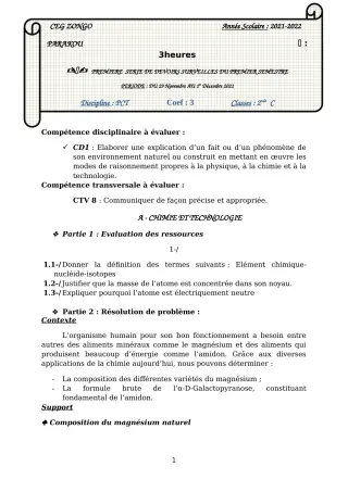 Première page de PCT 2nde C, 2nde D, 1ère C, 1ère D, Tle C, Tle D — 1er devoir surveillé, 1er semestre (2021-2022) · CEG ZONGO