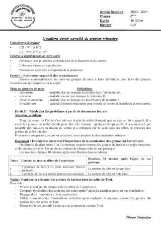 Première page de SVT 6e — 2e devoir surveillé, 1er trimestre (2020-2021) · CPEG PENIEL