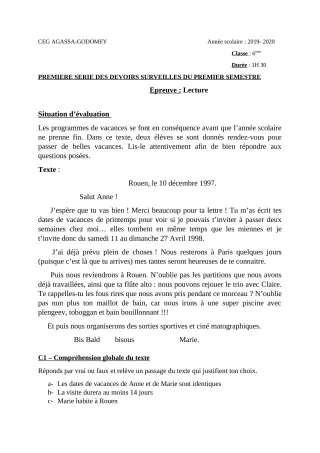 Première page de Français 6e — 1er devoir surveillé, 1er semestre (2019-2020) · CEG Agassa Godomey