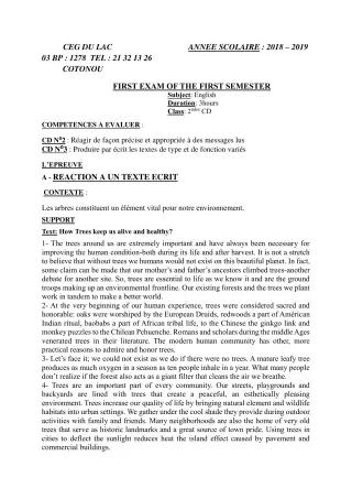 Première page de Devoir surveillé de ANGLAIS — 2nde C, 2nde D — CEG du Lac (2018)