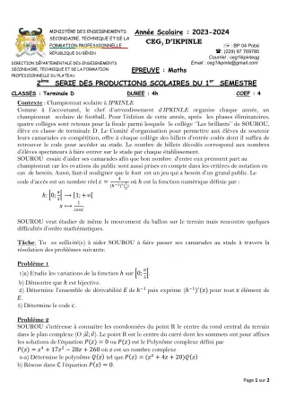 Première page de Mathématiques Tle D — 2e production scolaire, 1er semestre (2023-2024) · CEG1 Ikpinlè