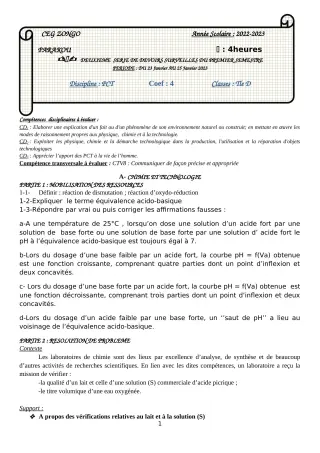 Première page de PCT Tle D — 2e devoir surveillé, 1er semestre (2022-2023) · CEG ZONGO